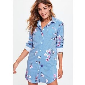 Missguided Blue Stripe Blossom Print Shirt Dress
